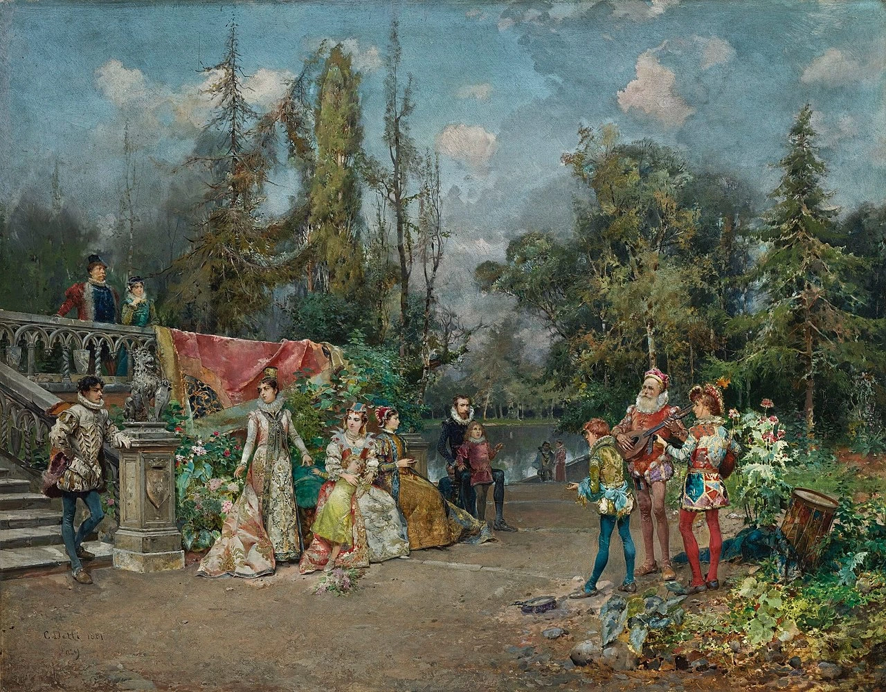 Cesare Detti - Corte veneziana, scena di menestrello